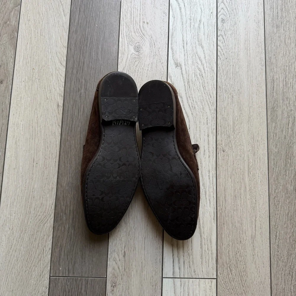 Coach Dark Brown Suede Loafers with Gold Accent - Picture 9 of 12
